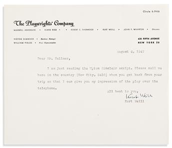WEILL, KURT. Group of 6 Typed Letters Signed, to literary agent Kurt Hellmer or Herr Georg,